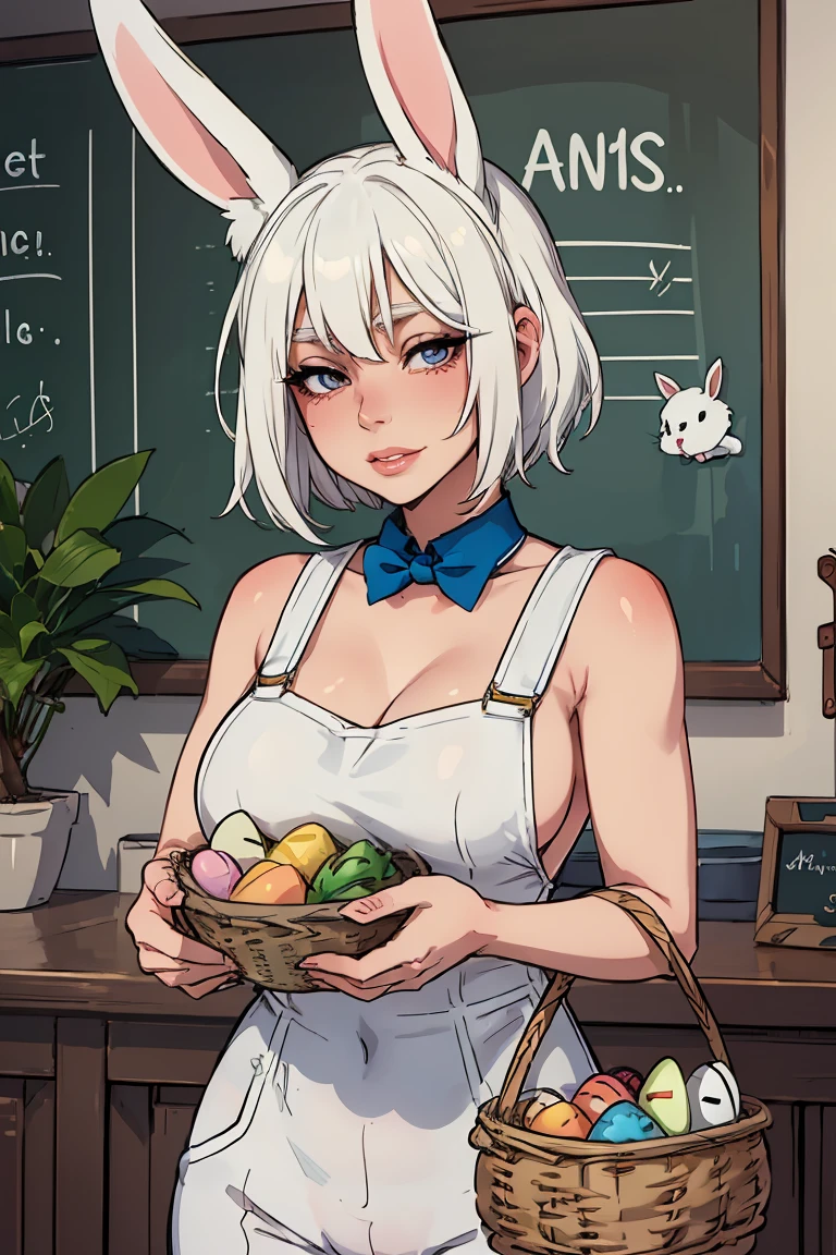 Masterpiece, best quality, centered in frame, portrait, bunny girl, white skin, busty, full lips, short white hair bunny nose, whiskers, white bunny ears, blue overalls, eager bunny outfit, easter, holding basket, beautiful