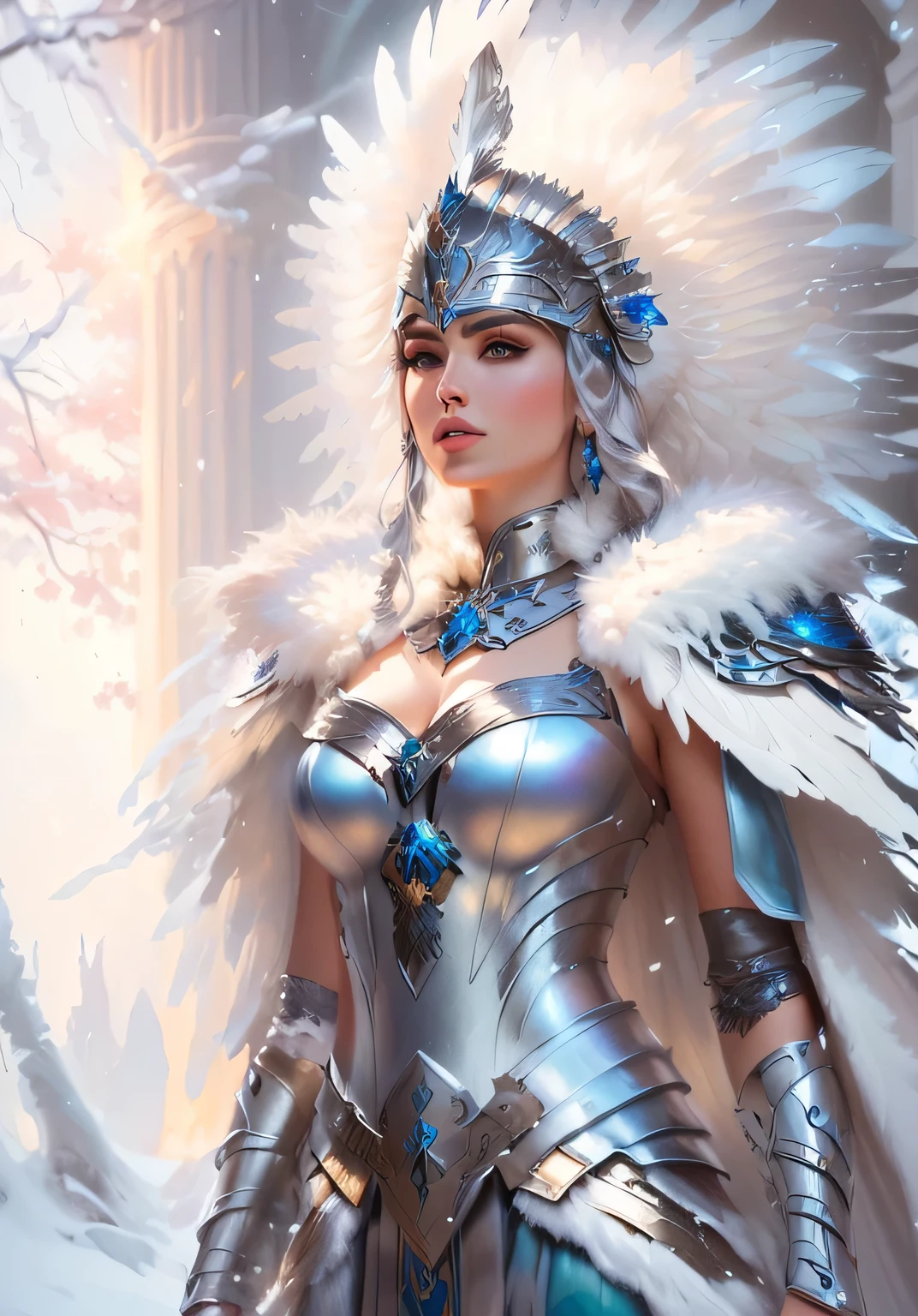 Mujer arafed vestida con un traje plateado con plumas y una espada., as a mystical valquiria, karol bak uhd, valquiria, angel with plastic armor, norse goddess, wearing fantasy armor, diosa del invierno, impresionante armadura, olivia culpo as milady de winter, 4K fantasy art, mystical atlantean valquiria, Usando una intrincada armadura de piel, 4k detail fantasy