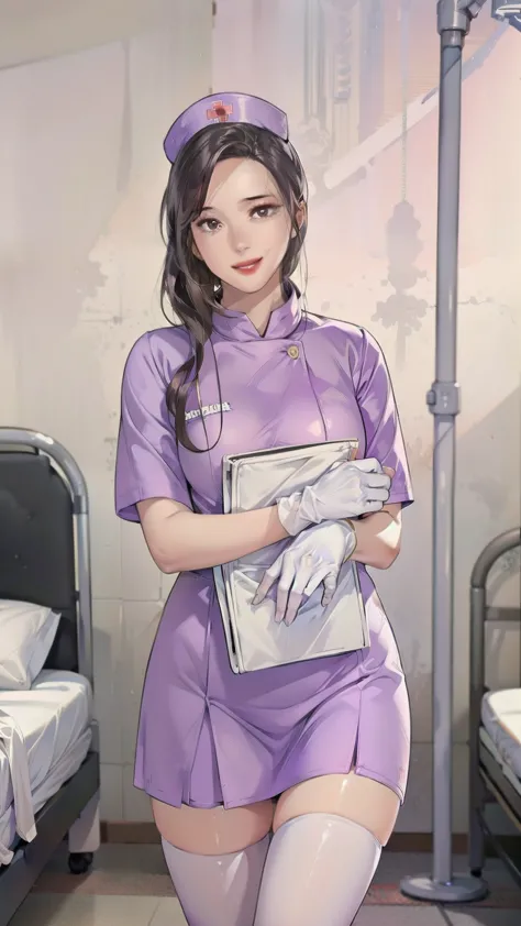 1 Female, alone, nurse, nurse cap, White, ((White legwear, zettai ryouiki)), White gloves, Long Hair, Purple Hair, Red eyes, Pin...
