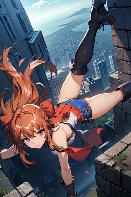 masterpiece, highest quality, One girl, (((Falling from the sky))), flight, alone, Long Hair, View your viewers, bangs, Blonde, Large Breasts, Red eyes, gloves, ribbon, Exposing shoulders, very Long Hair, hair ribbon, ponytail, leotard, black ribbon, Red Belt, Floating Hair, magical girl, Gauntlet, black leotard, low ponytail, nice, iron boots, Metal Boots, Black knee socks, magic, thunder,