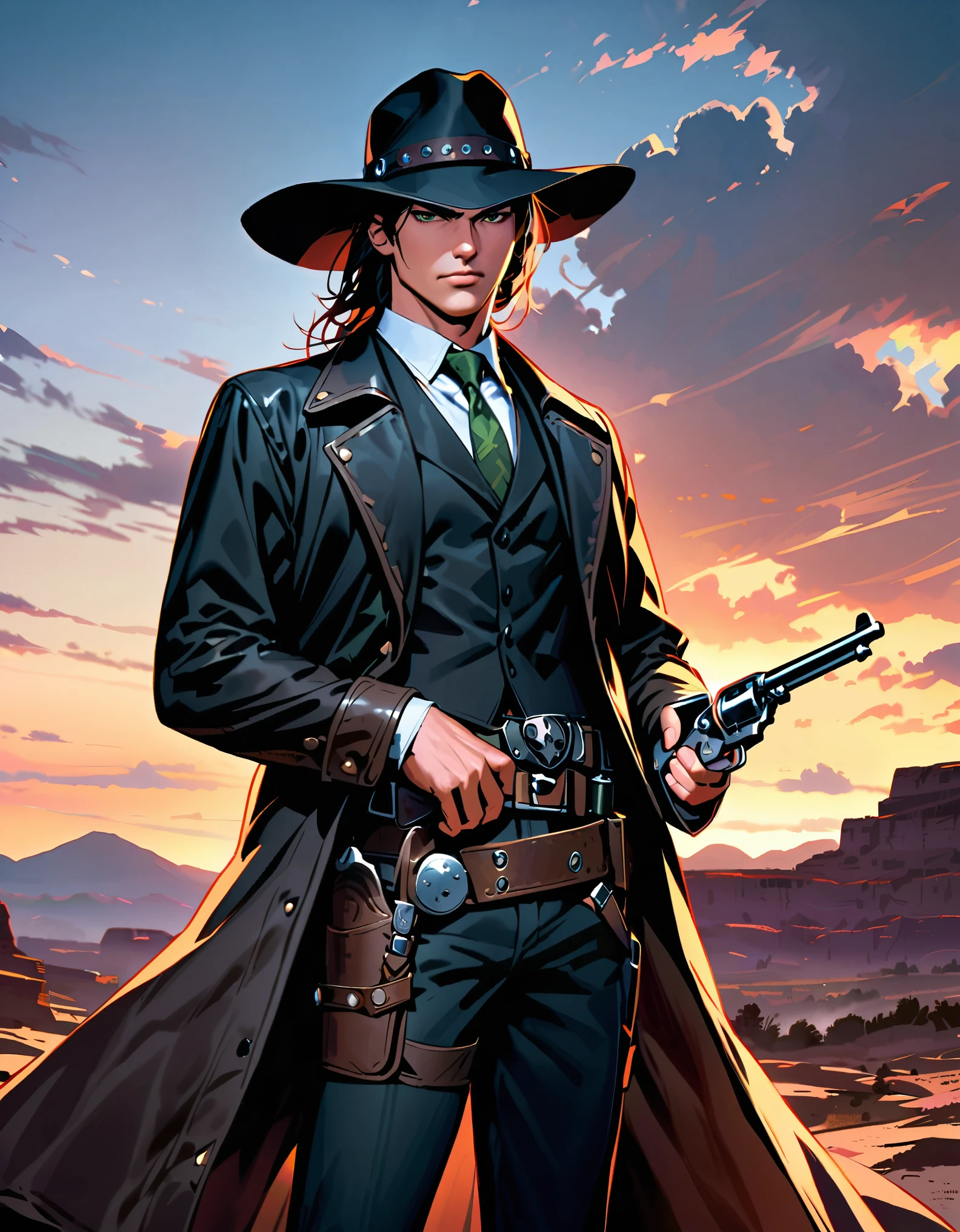 semi-realistic, solo, solo focus, 1 young black-haired man, long black vest, serious look, 1 man, green eyes, full body shot, cowboy bounty hunter on modern setting, cowboy shot, black hat, necktie, long black coat, fingerless gloves, black pants, belt buckle, shoes, serious look, (holding gun, holding weapon, Colt revolver handgun, finger on trigger), spaghetti western atmosphere