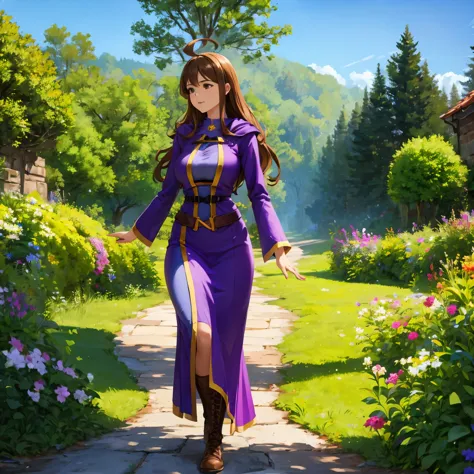 a woman wearing a purple sorceress dress, brown boots, brown hair, brown eyes, an ahoge, walking on a medieval road, with trees ...