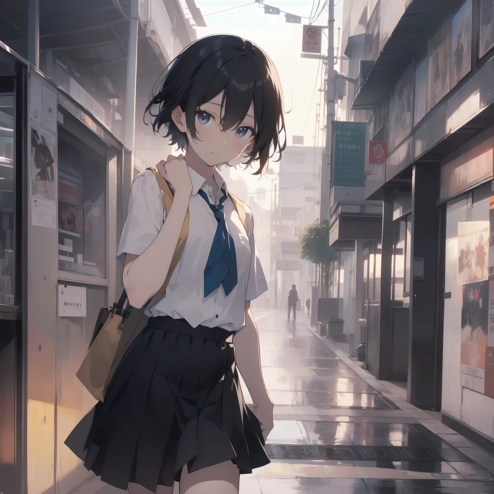 ultra-absurdres-Top quality by artist God, ultra-detailed, high resolution, anime moe artstyle, best anime 8k konachan wallpaper, pixiv contest winner, pool:2810, perfect anatomy,break, 1girl, (Please draw a girl walking to school alone. )break,(Solo,little female, 13-year-old:1.3),Full limbs, complete fingers,a junior high school student, (very short hair), short cut, flat chest, , small butt, small black eyes, beautiful detailed eyes, well-proportioned iris and pupils, expressive eyes, highres detailed hair, soft expression, school_uniform, serahuku, neckerchief, white shirt short sleeves, pleated skirt,(Detailed Lighting), (Detailed background), in the School commute route. break,super detailed skin, Best cinematic lighting powered by famous artist, 8k,beauty illustration,photoshop_(medium),very aesthetic,break,((artist:ningen mame )), artist:bolze ,artist:oyari ashito ,artist:kantoku ,