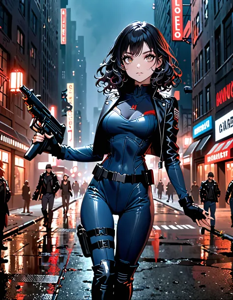 best quality, masterpiece, highres, 1girl, (solo, solo focus), (blue bodysuit, red bodice, black boots), carrying an uzi, (black...