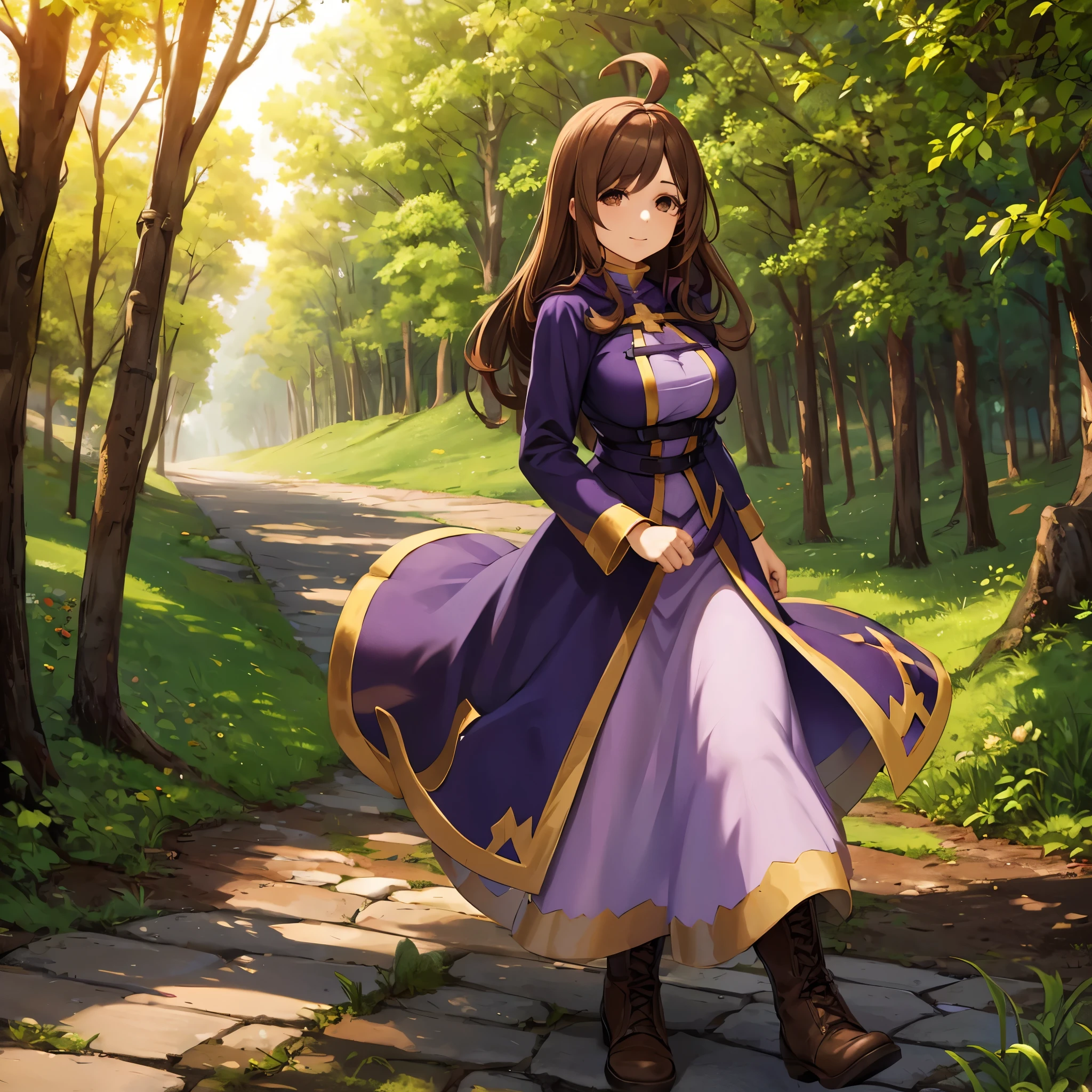 a woman wearing a purple sorceress dress, brown boots, brown hair, brown eyes, an ahoge, walking on a medieval road, with trees and an open field., HDR , ultra resolution, sharp, masterpiece, 8K HD (solo woman)
