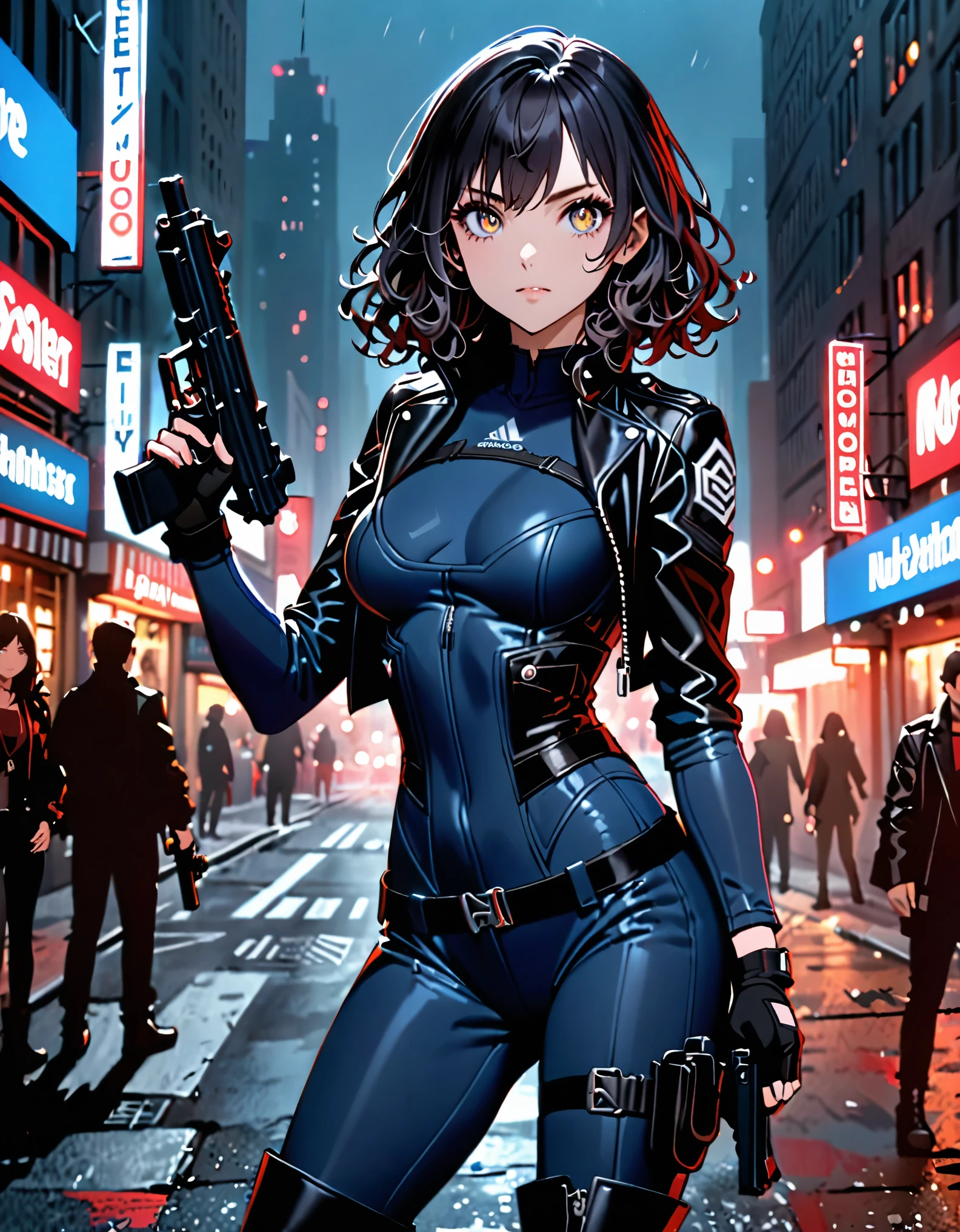 best quality, masterpiece, highres, 1girl, (solo, solo focus), (blue bodysuit, red bodice, black boots), carrying an uzi, (black leather jacket), fingerless gloves, black hair, short hair, wavy hair, hazel eyes, beautiful detailed eyes, beautiful detailed face, (perfect hands), perfect anatomy, perfect proportions, medium breasts, New York street backdrop, night noir atmosphere