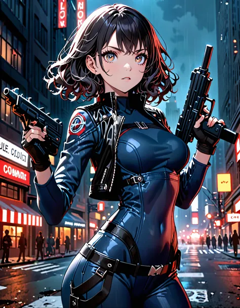 best quality, masterpiece, highres, 1girl, (solo, solo focus), (blue bodysuit, red bodice, black boots), carrying an uzi, (black...