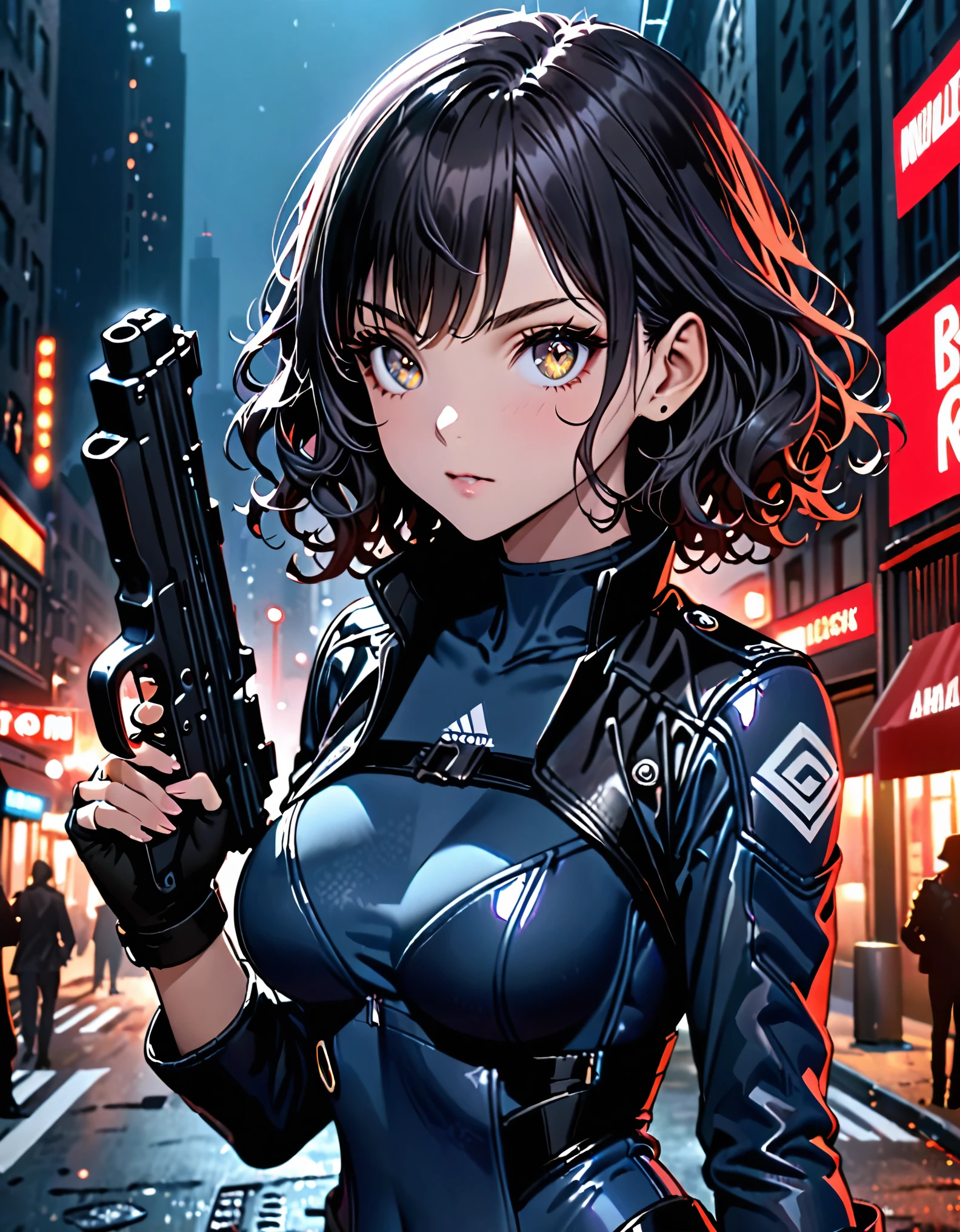 best quality, masterpiece, highres, 1girl, (solo, solo focus), (blue bodysuit, red bodice, black boots), carrying an uzi, (black leather jacket), fingerless gloves, black hair, short hair, wavy hair, hazel eyes, beautiful detailed eyes, beautiful detailed face, (perfect hands), perfect anatomy, perfect proportions, medium breasts, New York street backdrop, night noir atmosphere