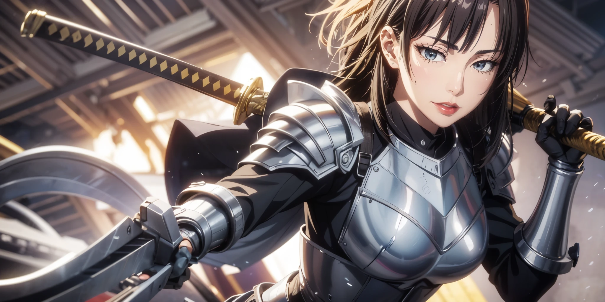 sword, weapon, armor, 1girl, holding, shoulder_armor, holding_weapon, solo, breastplate, looking_at_viewer, holding_sword, closed_mouth, gloves, bangs, katana, brown_hair, black_hair, short_hair, pauldrons"glow effects, godrays, Hand drawn, render, 8k, octane render, cinema 4d, blender, dark, atmospheric 4k ultra detailed, cinematic, Sharp focus, big depth of field, Masterpiece, colors, 3d octane render, 4k, concept art, trending on artstation, hyperrealistic, Vivid colors, extremely detailed CG unity 8k wallpaper, trending on CGSociety, Intricate, High Detail, dramatic", anime coloring, anime screencap, sweating, steaming body, fog