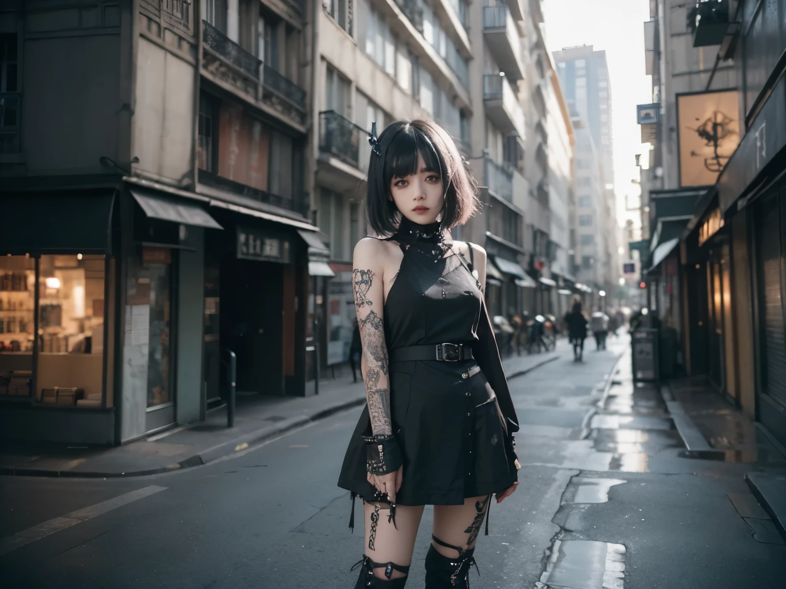 minimum, harmony, tranquility, aesthetic, Paris cityscape, Concrete building with fine texture details, Girl standing in front of a building, 24-years-old, slender, floating Medium Hair, bangs, (Gothic_Punk:1.2), masterpiece, best quality, RAW Photos, sigma 50mm f1.4, candytt, Detailed costume, Dynamic composition