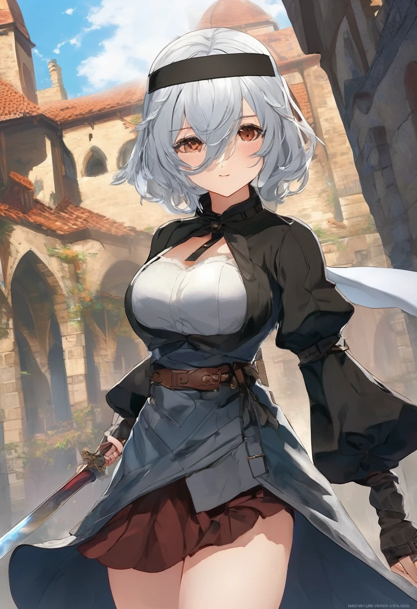 One Girl, Wow, (Both blindfolded、round face), chest, chestの谷間, chestの谷間 cutout, Dress cutout, Old Western castle street background, Hair between the eyes, head band, Blindfold covering both eyes, High resolution, Juliet Sleeve, Long sleeve, Nier (series), Nier automata, Fluffy sleeves, Red lips, Lips with raised corners of the mouth, Smiling Lips, Shadow Face, short hair, alone, Turtleneck sweater, whole body, l Blue-white silver hair, null、Brandishing a rapier with exquisite design、((Dynamic attack scenes))、A blade that emits a dull glow、Slashing Light Trail、Fluttering skirt hem、Moderately fleshy and firm thighs、((He is slashing at a group of men wearing long black coats with swordasterpiece、highest quality、(((Realistic、Realistic:1.37)))、8K quality、very detailed and beautiful、It&#39;s a very impressive expression、Large file size、Very detailed}},