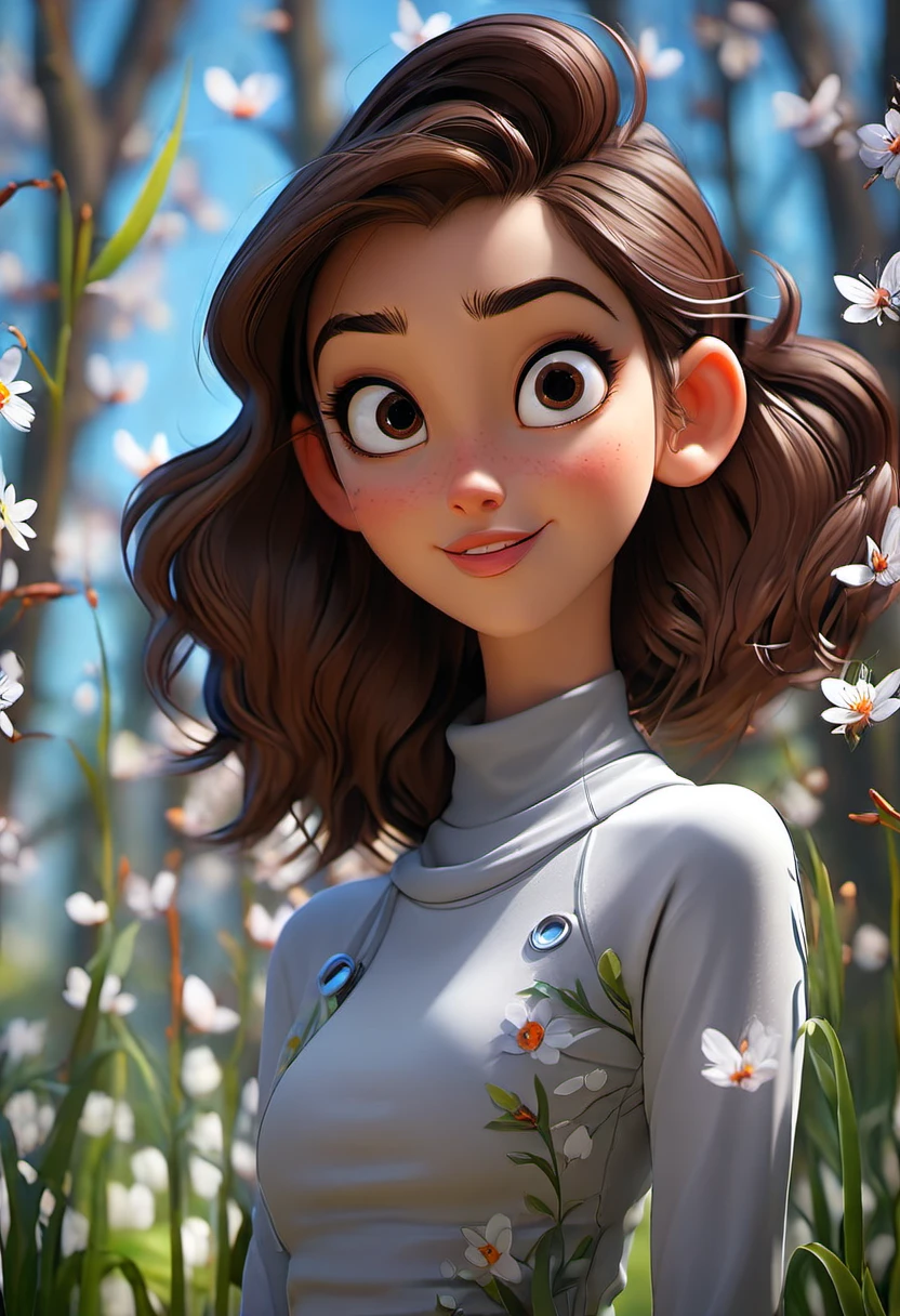 séparé_tête de merde, Belle femme(affronter_sourire), haut court, Porter un pantalon d&#39;entraînement, art pixar,Disney 3D style, ( Prenez des photos en gros plan_Photo du buste du haut du corps ), arrière-plan_belle nature réaliste( printemps ), Debout dans le parc, Fille élégante dans la vingtaine, séance photo de mode 8k, 