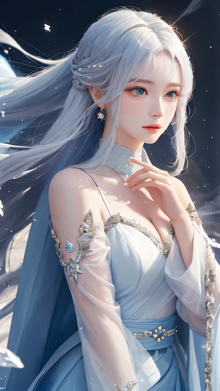 (masterpiece, Highest quality, Highest, Official Art, beautifully、aesthetic, exposed for a long time: 1.2), Smooth movement, Captivating patterns, 1 girl, (Long skirt with embellished sleeves: 1.3), A luxurious off-the-shoulder cape, close-up, No shoulders, White haired Korean girl, blush, （White long hair、Long white hair:1.5）, Portraiture, alone,, , Thin legs、Beautiful cleavage, An ennui look, Face close-up, Ultra Wide Angle, gaze observer, Detailed Background, Detailed face, (Crystal AI, Crystal theme: 1.1), Wind Spirit, Spinning wind, Controlling the Wind, Heavily decorated crystal dress,,Put one hand in your hair Floating particles, Spiritual Power, whirlwind, vapor, whirlwind in background, White Tone, whirlwind, Mysterious atmosphere,
