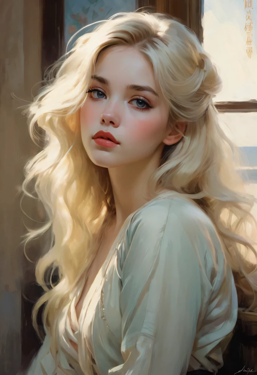 (best quality,realistic:1.2),ultra-detailed,blonde hair,Malcolm Liepke style,mucha,frontage,1girl,black hair,long hair,detailed eyes,detailed lips,closed mouth,emotional painting,pale color palette,soft brushstrokes,sensuous,expressive,graceful,subtle light and shadows,quiet contemplation,vintage aesthetic,romantic atmosphere,wistful,serene ambiance,captivating gaze,graceful pose,delicate features,dreamlike quality,ethereal beauty,subdued tones,delicate skin texture,classic elegance,sublime composition,masterful technique,impressionistic,radiant energy,subtle emotion,intricate details,subdued color scheme,soft and gentle,subtle facial expression