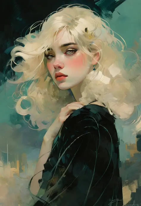 (best quality,realistic:1.2),ultra-detailed,blonde hair,Malcolm Liepke style,mucha,frontage,1girl,black hair,long hair,detailed ...