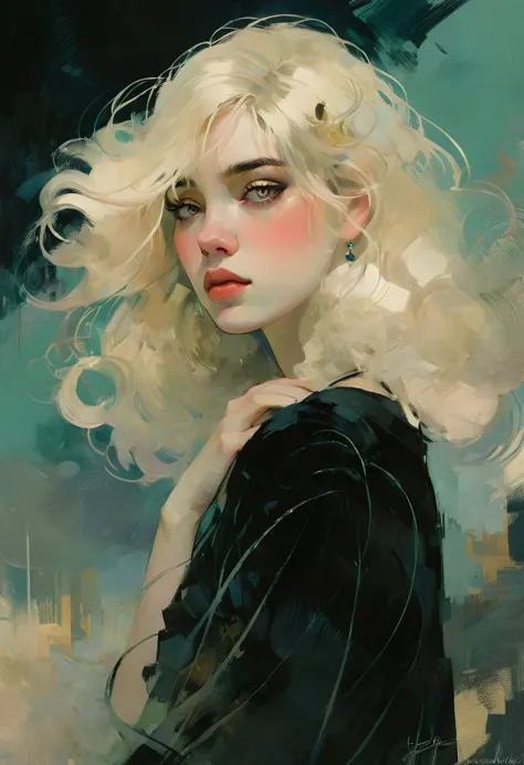 (best quality,realistic:1.2),ultra-detailed,blonde hair,malcolm liepke style,mucha,frontage,1girl,black hair,long hair,detailed ...