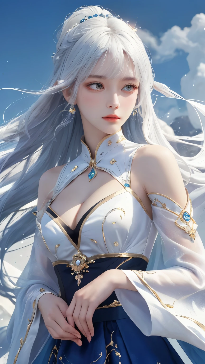 (masterpiece, Highest quality, Highest, Official Art, beautifully、aesthetic, exposed for a long time: 1.2), Smooth movement, Captivating patterns, 1 girl, (Long skirt with embellished sleeves: 1.3), A luxurious off-the-shoulder cape, close-up, No shoulders, White-haired Russian girl, blush, （White long hair、Long white hair:1.5）, Portraiture, alone,, , Thin legs、Beautiful cleavage, An ennui look, Face close-up, Ultra Wide Angle, gaze observer, Detailed Background, Detailed face, (Crystal AI, Crystal theme: 1.1), Wind Spirit, Spinning wind, Controlling the Wind, Heavily decorated crystal dress,,Put one hand in your hair Floating particles, Spiritual Power, whirlwind, vapour, whirlwind in background, White Tone, whirlwind, Mysterious atmosphere,
