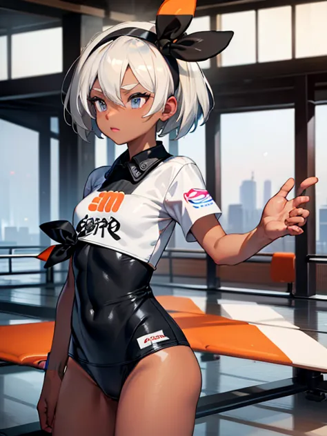 extremely detailed, masterpiece, hyper quality,solo,dark skin,white hair,short hair,school swimsuit