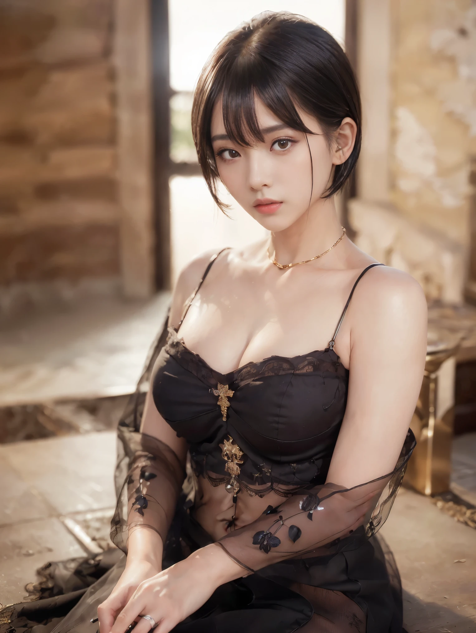 ((Artwork、highest quality、Very detailed、High resolution、Realistic、Sharp focus、Cinema Lighting))、(1 girl)、A shot, not a bust、Beautiful Face、Realistic Face、(Black Hair、Boys Short Hair、Cut Style、Cropped)、Beautiful hairstyle、Realistic eyes、Fine and beautiful eyes、Realistic Skin、Beautiful Skin、Capue Organized、charm、Golden Ratio、Glasses