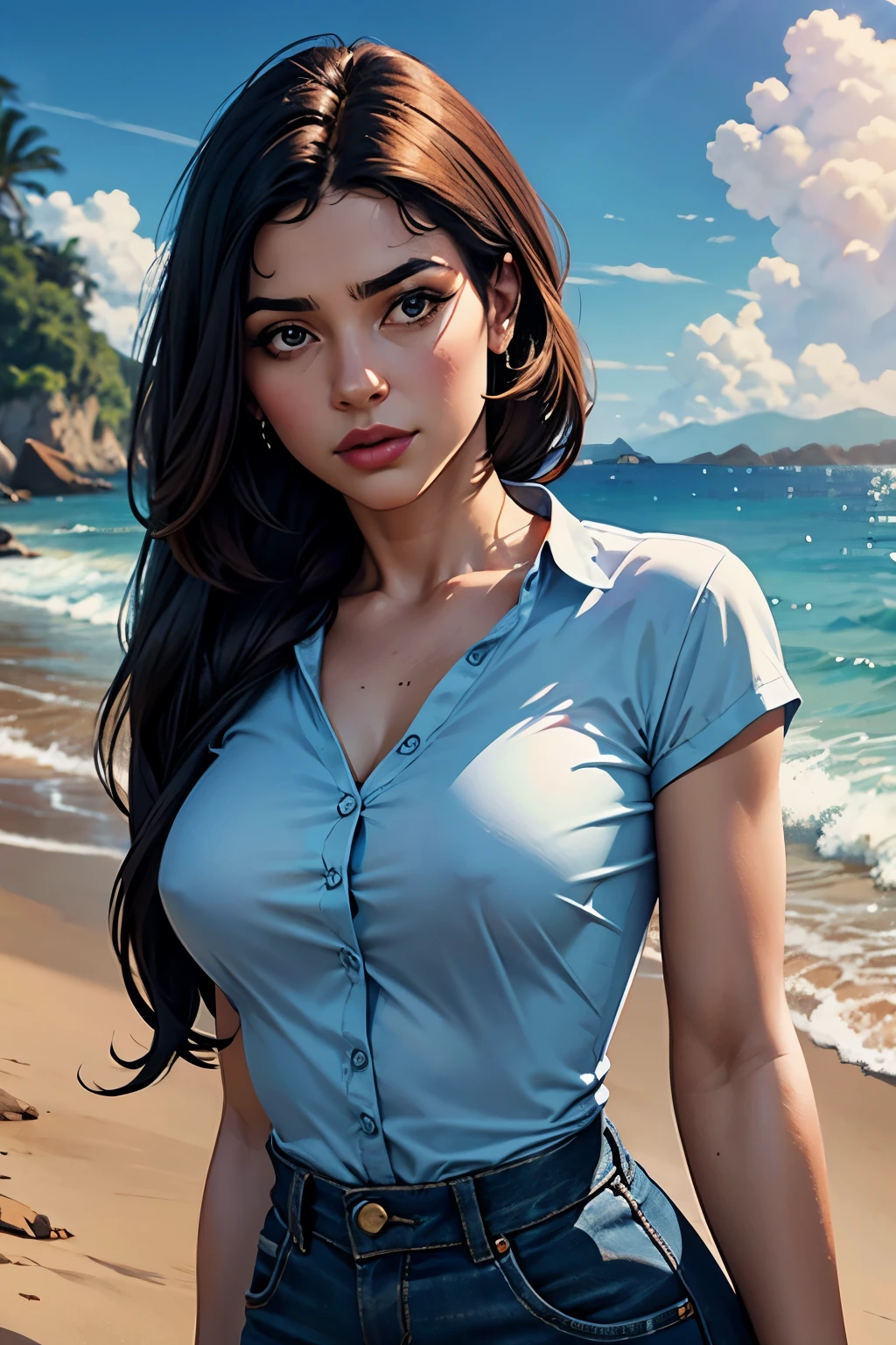 Ultra-realistic, 4K, foto profissional,  de 22 anos, garota negra, cabelo grande e cacheado, HDR, rosto detalhado, medium body, saia amarela com flor, (camisa azul aberta), obra de arte, (lighting), (1 solo), fundo de praia, Fundo realista, foto realista