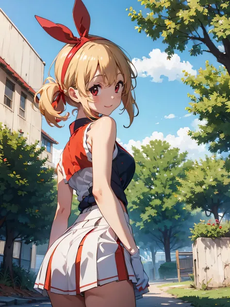 (red ribbon on hairband:1.2),masterpiece, best quality, highres, 1girl, solo, Blonde hair, RED eyes, mole under eye, band unifor...