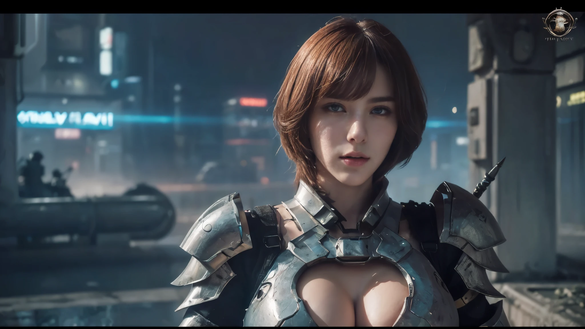 masterpiece,best quality,high resolution,8k,(Portrait Photos:1.5),(R Original Photo),real picture,Digital Photography,(A fusion of cyberpunk and fantasy),(Female Soldiers),20 year old girl,Feel free to hairstyle，By Bangs,(Large Breasts, Accessories,shut your mouth,Elegant and charming,Serious and arrogant,Calm and handsome,(Combination of cyberpunk and fantasy style clothing,Hollow carving design,Large Breasts，Combined Armor，night，Dynamic poses，dramatic，Realistic style,oc render reflection texture，sentry，futuristic city，Medium distance photography