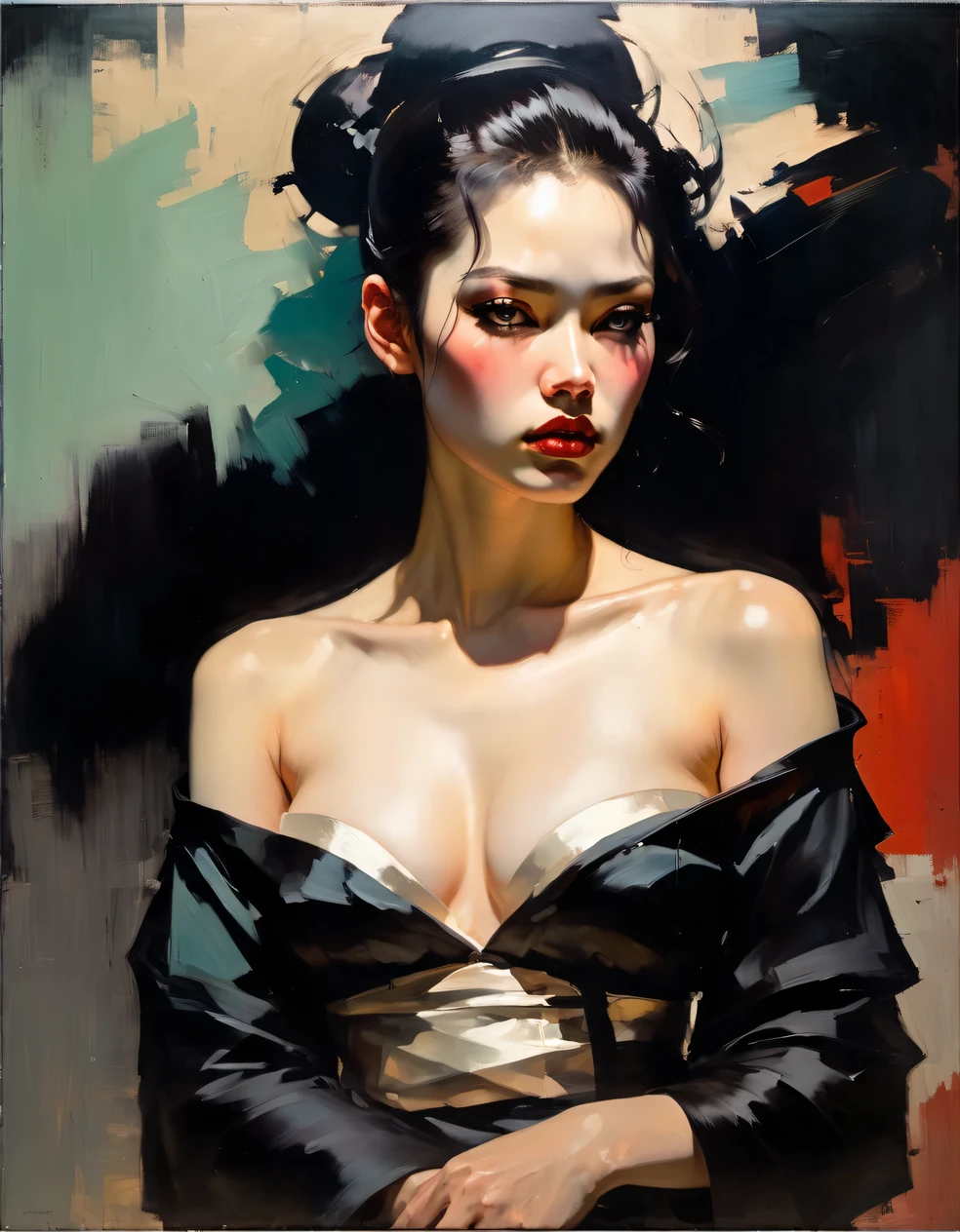 malcolm liepke painting on sensual illustration of an elegant samurai, riot games concept art beauty, eerie, the model draped in flowing, thick oil painting, extremely soft colors, vibrant, highly detailed, , oil on linen,  high contrast, dramatic, refined, tonal, Create high contrast between light and shadow, impactful paint of portrait of a man  highly detailed,   8k,   sharp,  professional, clear,   high contrast, high saturated, , vivid deep blacks, crystal clear