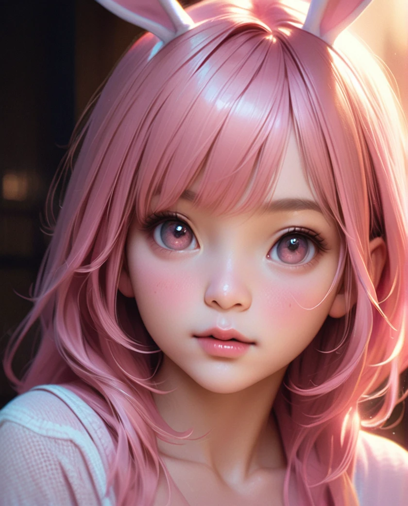 garota fofa e sexy, cabelo rosa, uma coelhinha, ultra realistic, Iluminação detalhada, anime, tendo  