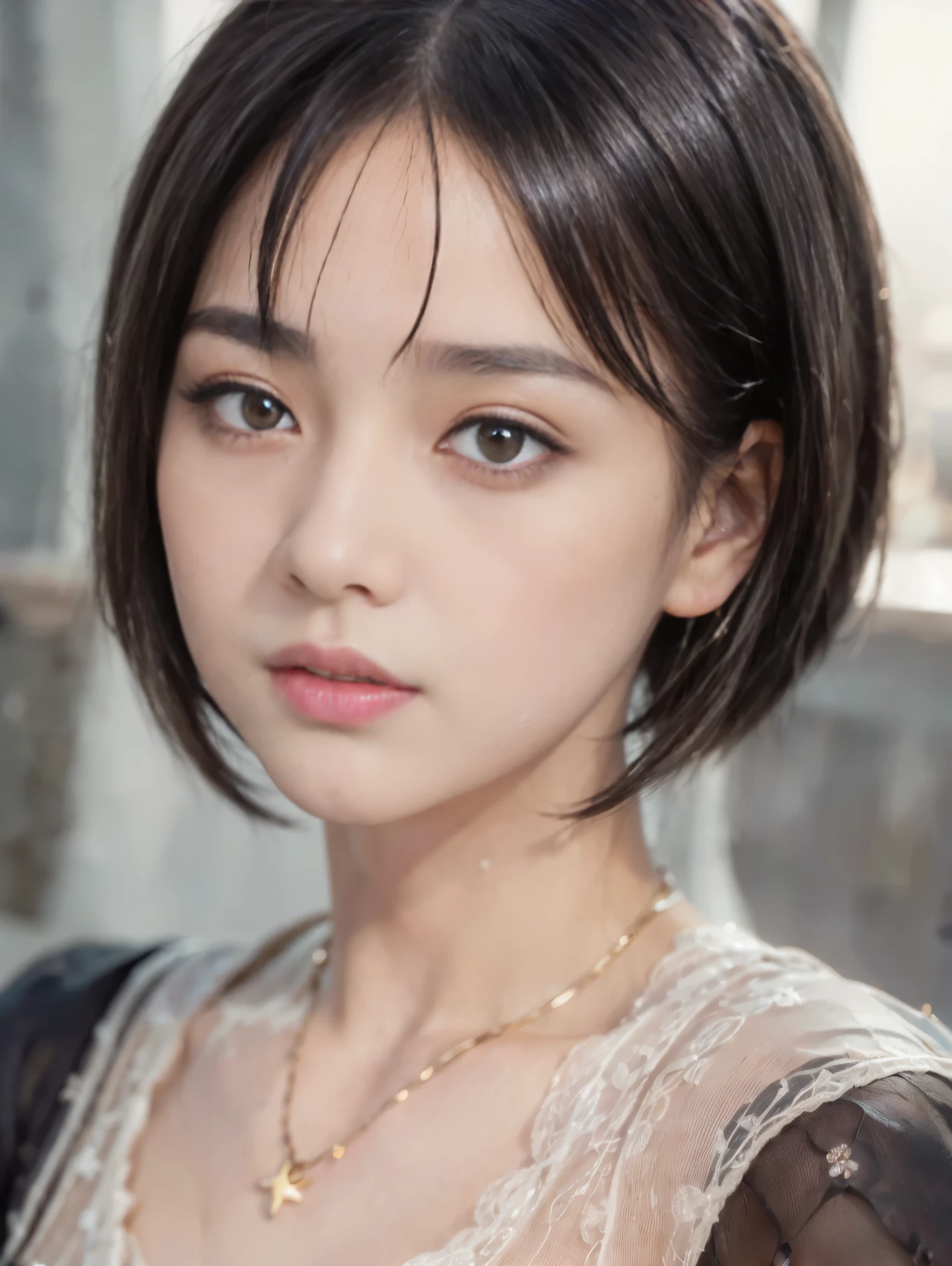 ((Artwork、highest quality、Very detailed、High resolution、Realistic、Sharp focus、Cinema Lighting))、(1 girl)、A shot, not a bust、Beautiful Face、Realistic Face、(Black Hair、Boys Short Hair、Cut Style、Cropped)、Beautiful hairstyle、Realistic eyes、Fine and beautiful eyes、Realistic Skin、Beautiful Skin、Capue Organized、charm、Golden Ratio、Glasses