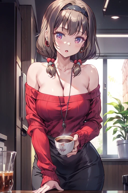 masterpiece, yor, 1girl, Amazing Cleavage:1.3, thin waist, big ass, Raised sexy, medium breast: 1.8 posed cleavage:1.2、solo, looking at viewer, open mouth, have a cup of coffee,black hair, red eyes, dress, bare shoulders, jewelry, collarbone, sidelocks, hairband, earrings, indoors, off shoulder, :o, sweater, arms behind back, plant, short hair with long locks, white hairband, off-shoulder dress, sweater dress, off-shoulder sweater, red sweater, big side hair, very long side hair,is rendered in (masterpiece: 1.2, best quality), with (ultra high resolution) and an exquisite (depth of field). This masterpiece is not only visually stunning but also tells, teach of cooking ,in the kitchen