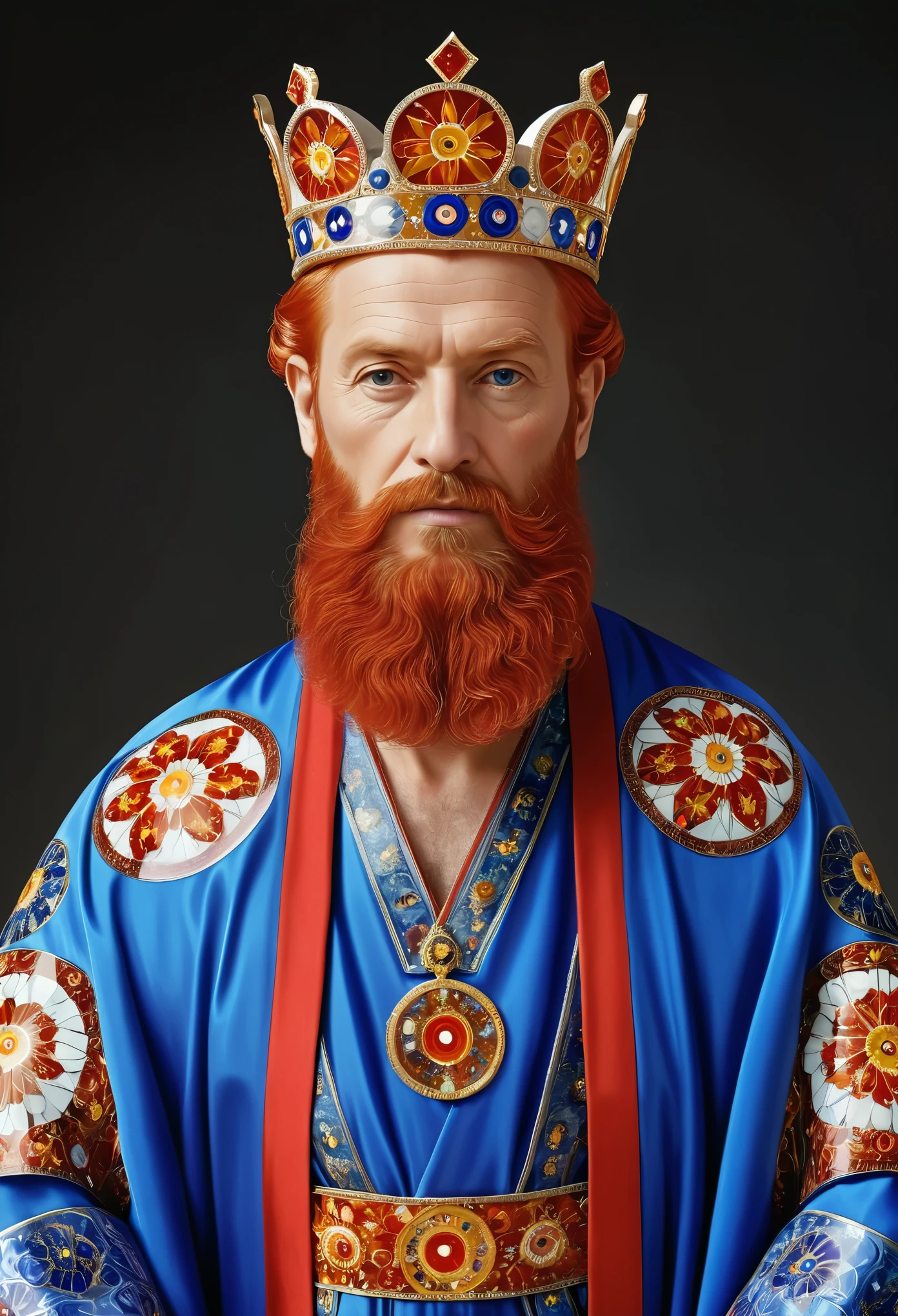 Millefiori glass style,Wears a blue crown on his head、Arafud man in blue robe, Medieval king with red and white hair, Red hair beard, Sparse beard, Age 50 years old, short hair, Humanitarian Emperor Images, Highly detailed characters, high resolution drawing.