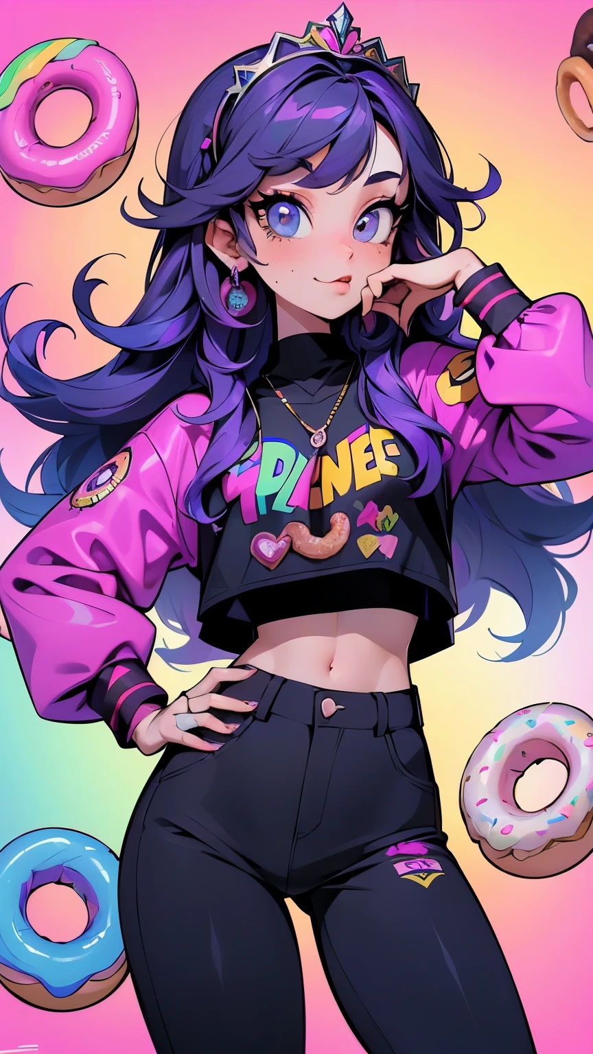 (La mejor calidad,Una alta resolución,Ultra - Detallado,Real),Ariana Grande con falda morada y blusa rosa en un callejón , Violeta Myers, Alex Yanes e Lisa Frank, Estilo Lisa Frank, Doce , traje morado, hermoso delfín, lisa - franca, promoción todavía,  adolescente caliente, Leslie David y Lisa Frank, Sin estilo de Lisa Frank, En un estilo artístico de Lisa Frank., posando de collant e tiara, 8K más detallado.motor irReal:1.4,ultra alta definición,La mejor calidad:1.4, FotorRealista:1.4, textura de la piel:1.4, Obra-prima:1.8,Obra-prima, mejor calidad,objeto Objeto], (Rasgos faciales detallados:1.3),(Las proporciones correctas),(hermosos ojos azules),  (pose vaquero), (dedos detallados :1.4), (fondo de donas gigantes, doces gigantes :1.4), (Agua mojada y cabreada) 