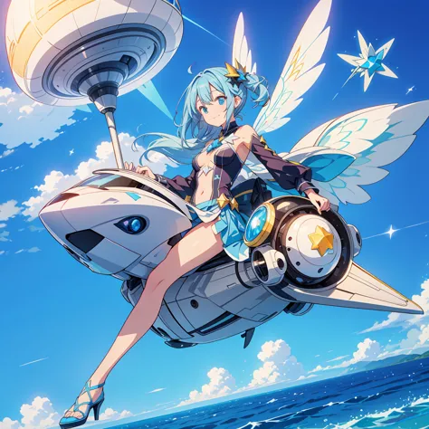 A star fairy riding a futuristic flying star-shaped vehicle、