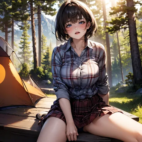 high-definition image, best quality, (round face), posing, eyes realistic sizing, drooping eyes, plaid shirt, (straddling a tabl...
