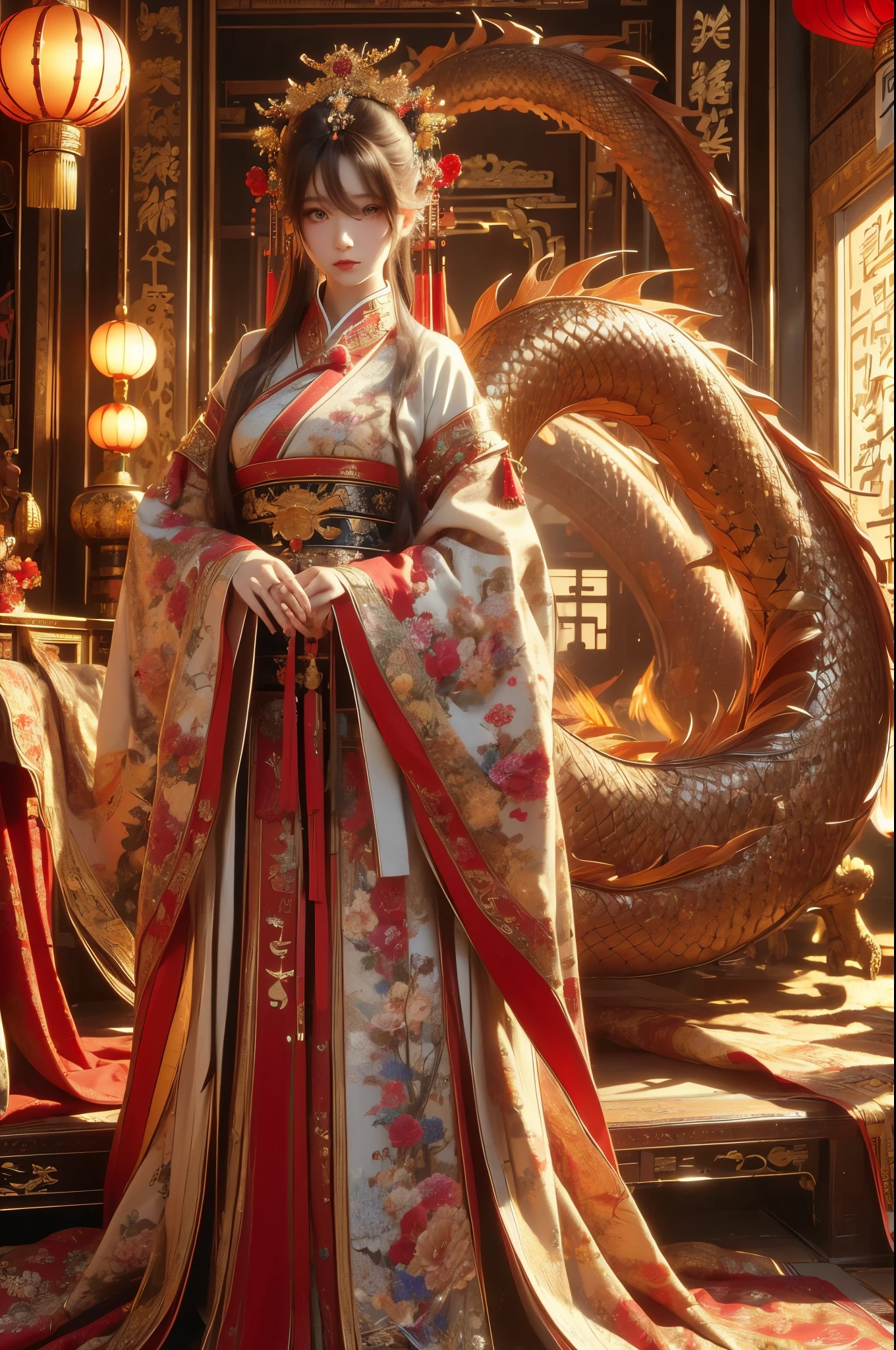 Chinese dress, Chinese dragon, best quality, masterpiece, illustration, realistic, photo-realistic, amazing, finely detail, incredibly absurdres, huge filesize, ultra-detailed, highres, extremely detailed CG unity 8k wallpaper, nsfw, A close-up shot of a beautiful young woman with Korean-style facial features resembling a popular actress. She is wearing a festive Chinese dress with a low-cut neckline and a slit up the side, revealing her ample cleavage and toned legs. Her hair is styled in an elaborate updo, and her makeup is bright and colorful, with a heavy emphasis on her lips and eyes. She is standing in a luxurious Chinese palace, surrounded by ornate furniture and decorations. A large, vividly colored oriental dragon with shimmering scales is prominently featured in the background, its serpentine body coiling through the air behind the woman. The light and shadow in the scene are realistic, and the womanâs skin is flawless, with a hint of a sheen. She is looking directly into the camera, her eyes sparkling with desire and anticipation.