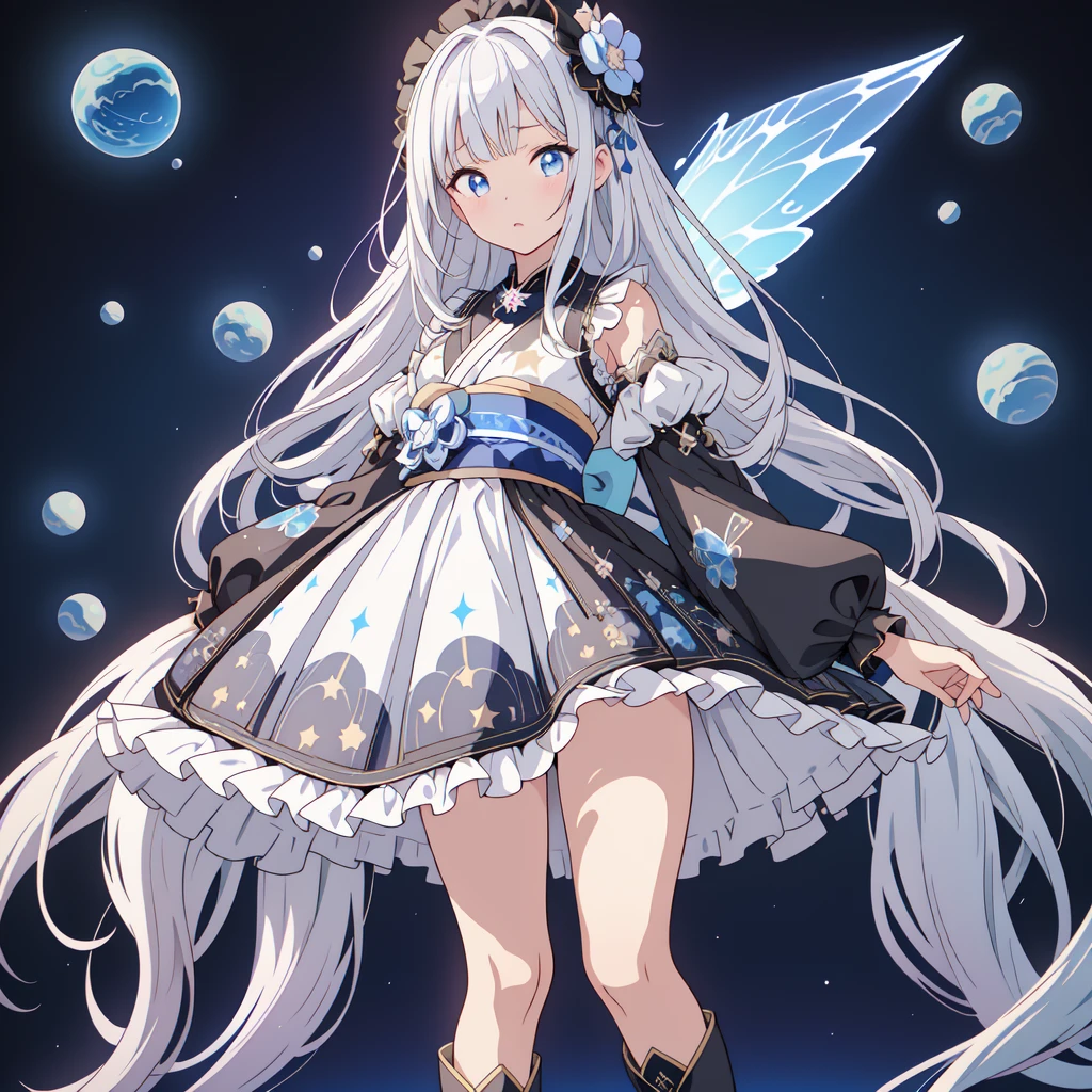 Star Fairy、(masterpiece, best quality), 1girl, 「A beautifully printed galaxy patterned kimono and gothic lolita outfit.、Space pattern box pleated mini skirt with ruffles、Standing in front of the viewer、Knee-high boots、Captivating eyes、Perfect and stunning face、Exquisite details、Clear images、highest quality。」Milky white and blue gradient long straight hair、