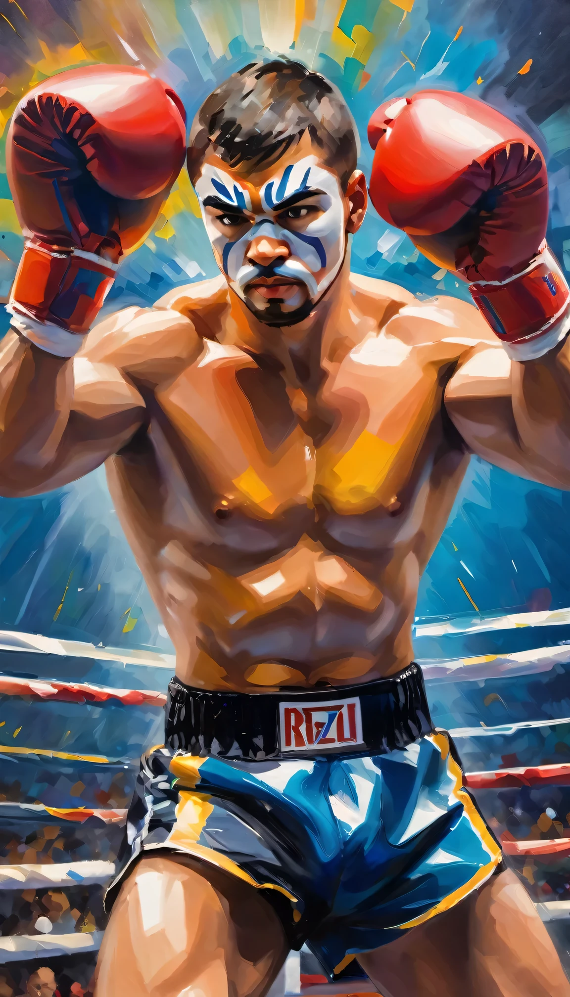 impressionist oil painting,boxer is preparing for the match,preparing for the fight,athletic build,strong muscles,concentration,fierce determination,sweat pouring down face,intense gaze,rippling muscles,impressive physique,rippling muscles,boxing gloves,boxing shorts,tiger-striped face paint,perfectly toned body,boxing ring,spotlight,energetic atmosphere,dynamic brushstrokes,brilliant colors,vivid hues,soft and blended brushwork,transparent layers of paint,impressionistic style,copying the visible brushstrokes,blurred edges,abstract background,excitement building up,anticipation,electric energy,rhythmic movement,visual poetry,energetic brushstrokes,bold use of color,expressive and emotional impact.