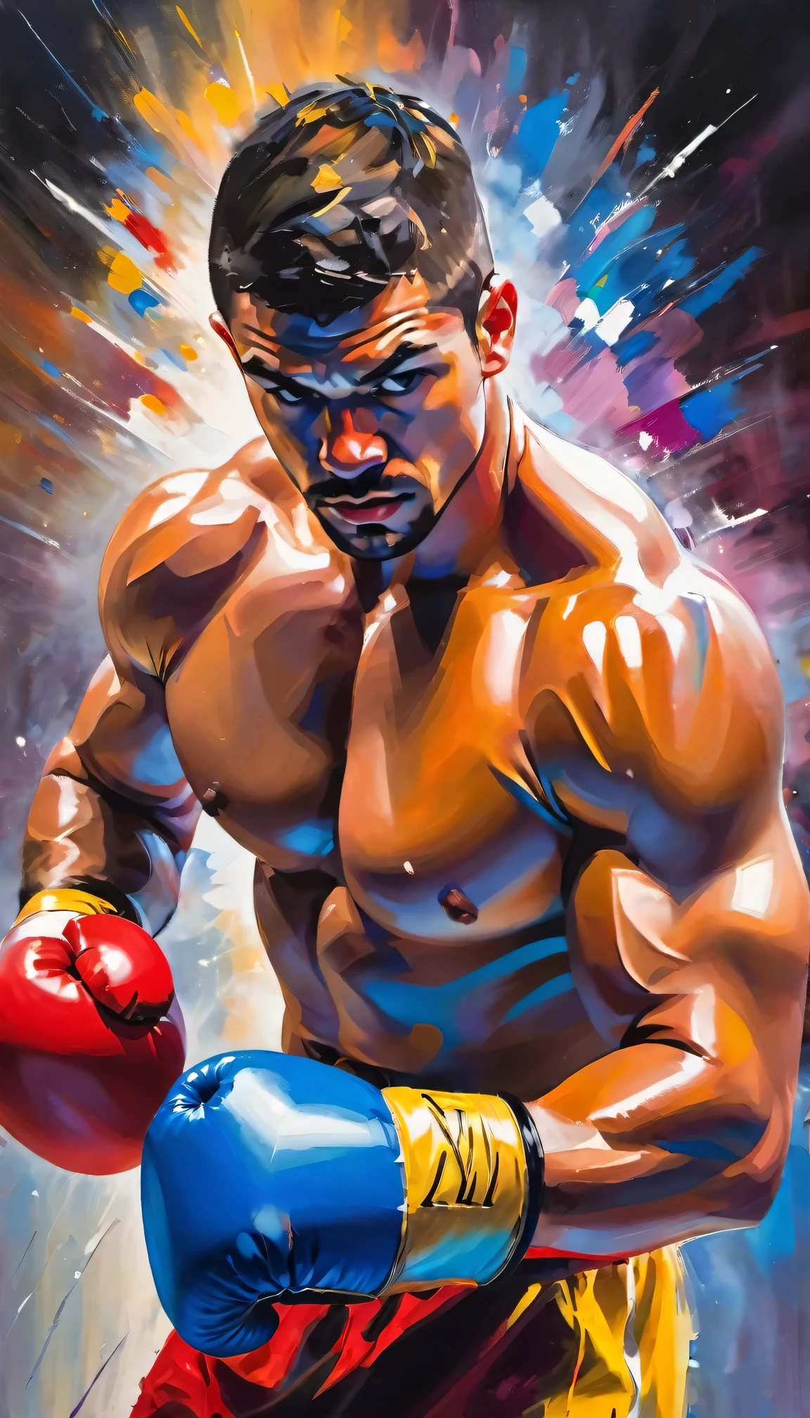 impressionist oil painting,boxer is preparing for the match,preparing for the fight,athletic build,strong muscles,concentration,fierce determination,sweat pouring down face,intense gaze,rippling muscles,impressive physique,rippling muscles,boxing gloves,boxing shorts,tiger-striped face paint,perfectly toned body,boxing ring,spotlight,energetic atmosphere,dynamic brushstrokes,brilliant colors,vivid hues,soft and blended brushwork,transparent layers of paint,impressionistic style,copying the visible brushstrokes,blurred edges,abstract background,excitement building up,anticipation,electric energy,rhythmic movement,visual poetry,energetic brushstrokes,bold use of color,expressive and emotional impact.