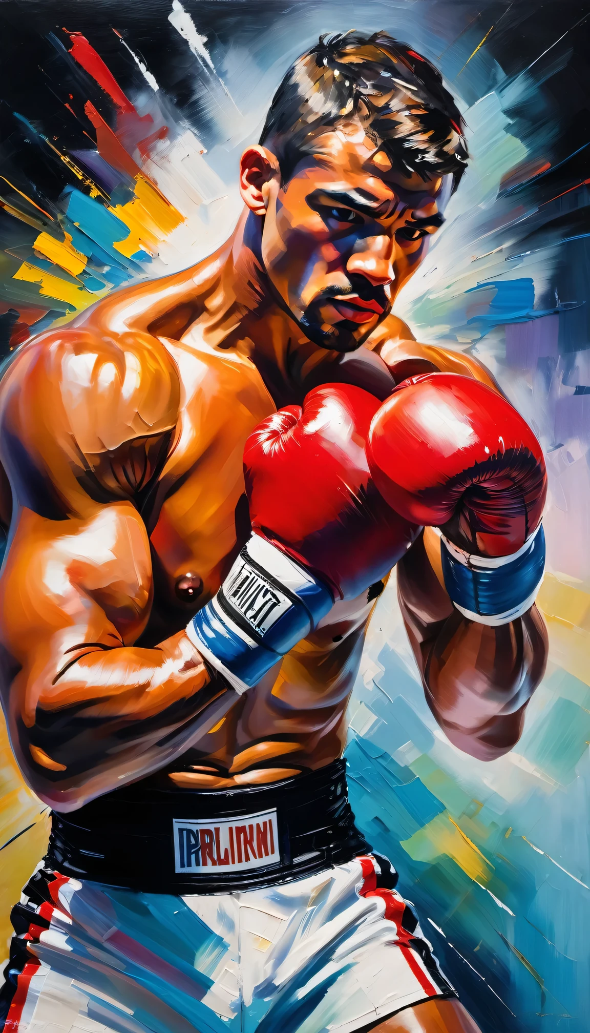 impressionist oil painting,boxer is preparing for the match,preparing for the fight,athletic build,strong muscles,concentration,fierce determination,sweat pouring down face,intense gaze,rippling muscles,impressive physique,rippling muscles,boxing gloves,boxing shorts,tiger-striped face paint,perfectly toned body,boxing ring,spotlight,energetic atmosphere,dynamic brushstrokes,brilliant colors,vivid hues,soft and blended brushwork,transparent layers of paint,impressionistic style,copying the visible brushstrokes,blurred edges,abstract background,excitement building up,anticipation,electric energy,rhythmic movement,visual poetry,energetic brushstrokes,bold use of color,expressive and emotional impact.