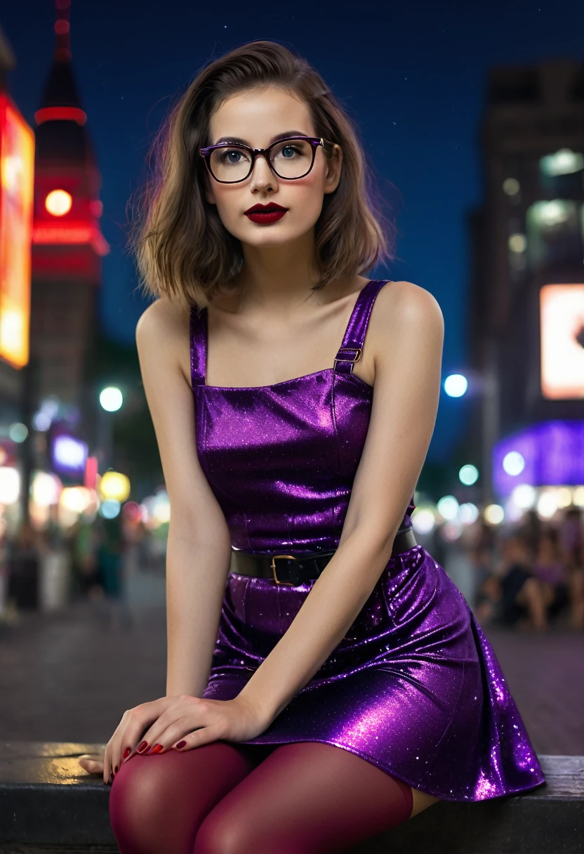 a sexy skinny caucasian nerdy girl glasses elegant shiny galactic skirt public square night sitting standing dark sky evening dark atmosphere purple lipstick red dress fitted shiny legs pantyhose tight straight hair super realistic evening mood sexual tension быть в курсе face looking at viewer shy stockings belt elegant colorful ((высшее качество)), ((шедевр)), (быть в курсе), семя 500000, идеальное лицо