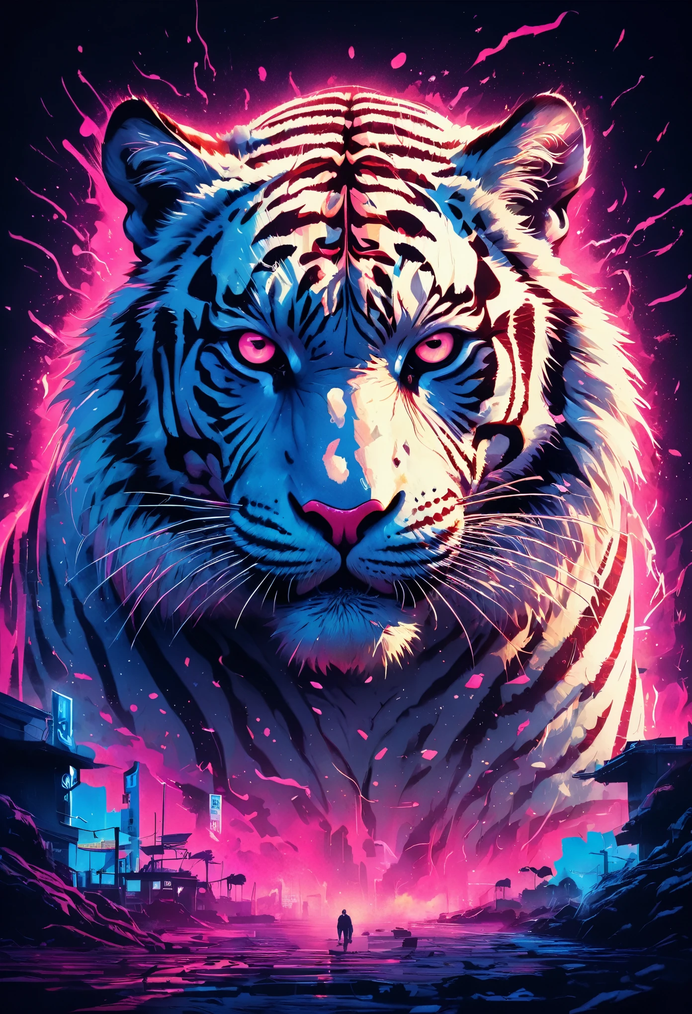 White Tiger, Filmcover im Tarantino-Stil, film poster,Retro,grobkörnig,Grindhouse (Mahlhaus),Kultklassiker,exzentrische Charaktere,schwarzer Humor,Neonlichter,leuchtende Farben,verdrehte Erzählung,Handlungswechsel,actiongeladen,stilisierte Gewalt,überlebensgroß,80er-Jahre-Stimmung,grobkörnig textures,Filmkorn,handgemalt,nervös,ikonische Bilder,eingängiger Slogan,dynamische Komposition,beeindruckende Illustrationen,auffälliges Design,einzigartige Typografie,intensive Atmosphäre, erweitern, kompliziert, (beste Qualität, Meisterwerk, Repräsentative Arbeit, offizielle Kunst, Fachmann, Einheit 8k Hintergrundbild:1.3)