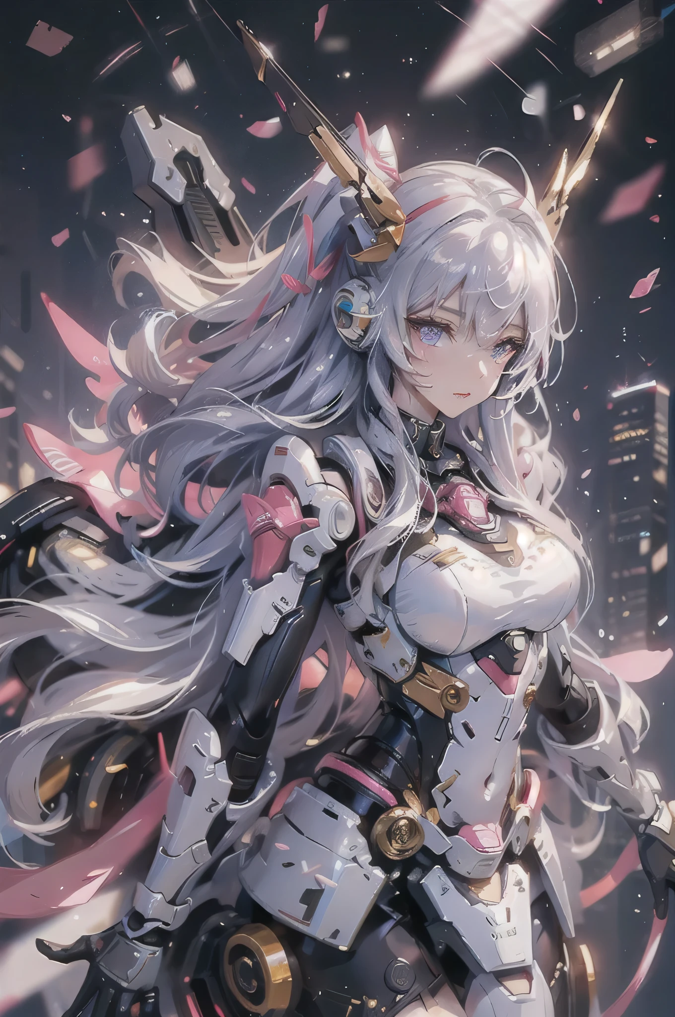 (masterpiece), best quality, expressive eyes, Perfect face, 1 Girl, Solitary, Ishtar, Ishtar fate, Purple Eyes, White hair, gold hair ribbon, Long hair, Double ponytail hair, ribbon, Side lock, Both sides up, Black skirt, black High Leg Raise, Mecha cloak, Red and white mechanical armor suit, Valkyrie, Chest plating, High Leg Raise, Bright sky background, Standing, Standinging, Role List, Upper Body, portrait, Looking at the audience, Gundam Wings, Mid-chest, Two-handed swords, Symmetrical thrusters at the back
