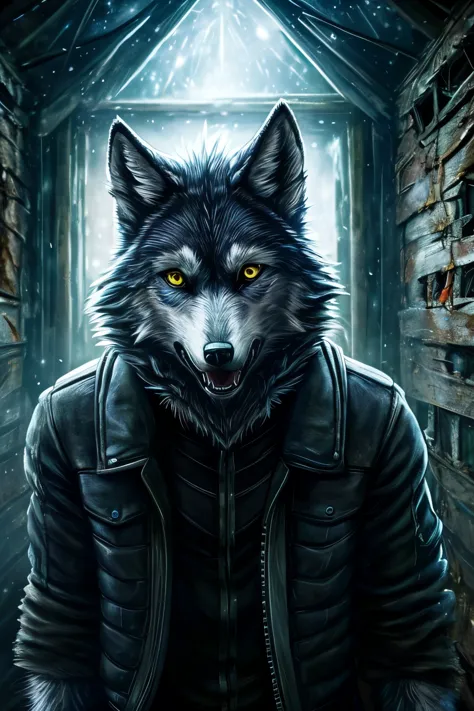 18 year old man, SOLO, ((antropomorfic wolf)), ((wolf with realistic fur)), BLUE FUR, detailed eye, very long wolf ears, grey and black jacket, scared and crying, open mouth, full body, Inside an abandoned old tetric house, ((dark background)), ((dark nigh...