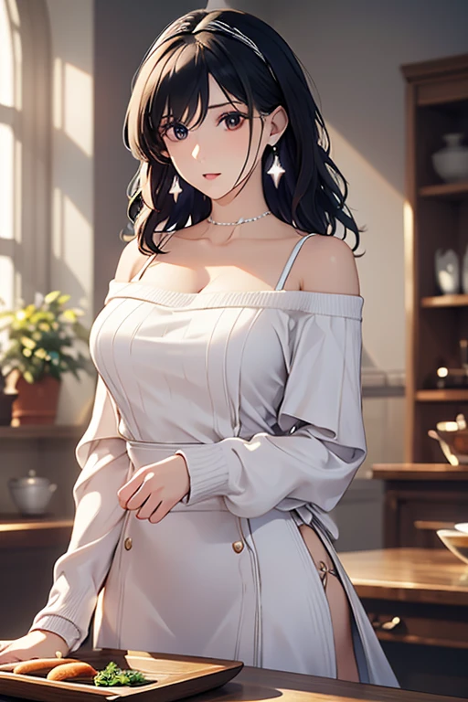 masterpiece, yor, 1girl, Amazing Cleavage:1.3, thin waist, big ass, Raised sexy, medium breast: 1.8 posed cleavage:1.2、solo, looking at viewer, open mouth, have a cup of coffee,black hair, red eyes, dress, bare shoulders, jewelry, collarbone, sidelocks, hairband, earrings, indoors, off shoulder, :o, sweater, arms behind back, plant, short hair with long locks, white hairband, off-shoulder dress, sweater dress, off-shoulder sweater, red sweater, big side hair, very long side hair,is rendered in (masterpiece: 1.2, best quality), with (ultra high resolution) and an exquisite (depth of field). This masterpiece is not only visually stunning but also tells, teach of cooking ,in the kitchen