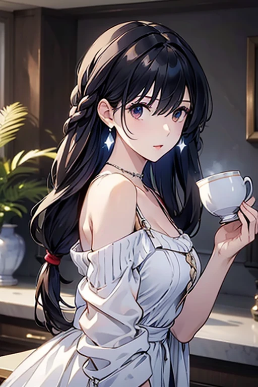 masterpiece, yor, 1girl, Amazing Cleavage:1.3, thin waist, big ass, Raised sexy, medium breast: 1.8 posed cleavage:1.2、solo, looking at viewer, open mouth, have a cup of coffee,black hair, red eyes, dress, bare shoulders, jewelry, collarbone, sidelocks, hairband, earrings, indoors, off shoulder, :o, sweater, arms behind back, plant, short hair with long locks, white hairband, off-shoulder dress, sweater dress, off-shoulder sweater, red sweater, big side hair, very long side hair,is rendered in (masterpiece: 1.2, best quality), with (ultra high resolution) and an exquisite (depth of field). This masterpiece is not only visually stunning but also tells, teach of cooking ,in the kitchen