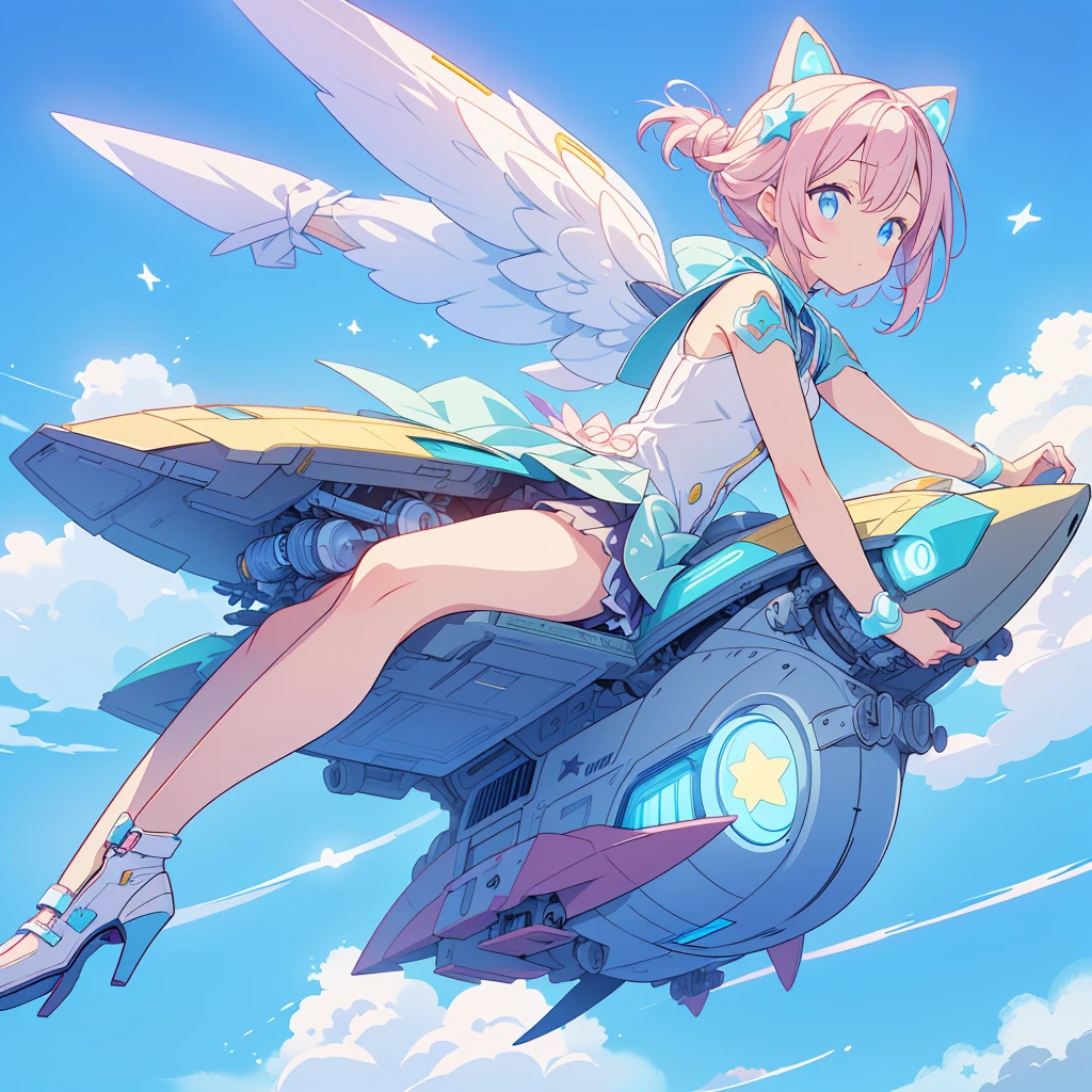 A futuristic flying star-shaped pastel-colored vehicle、kawaii tech,Do not draw people、