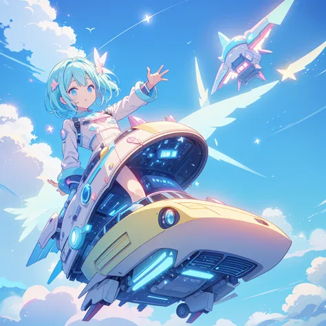 A futuristic flying star-shaped pastel-colored vehicle、kawaii tech,No people、