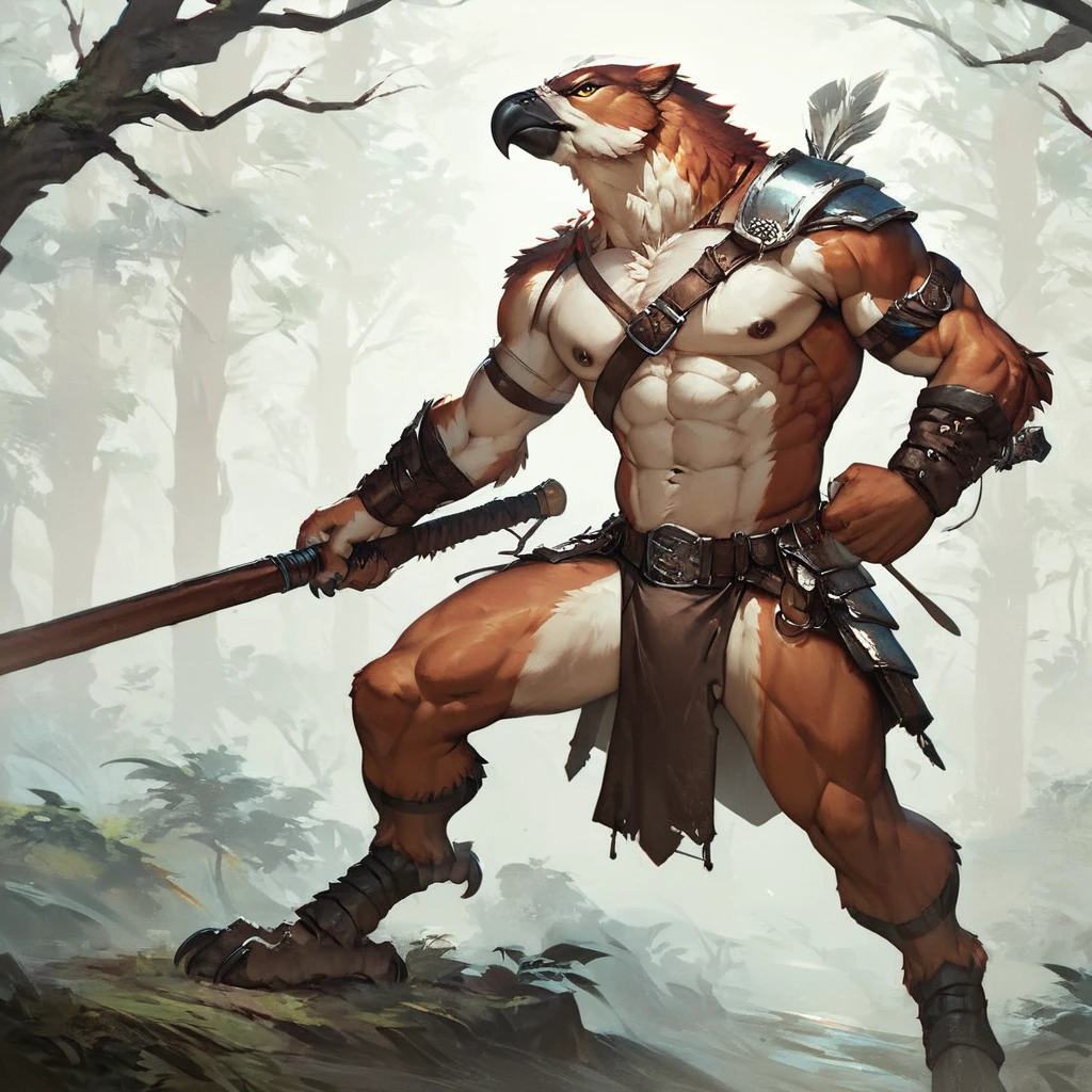 score_9, score_8_up, score_7_up, score_6_up, score_5_up, score_4_up, (solo), male anthro eagle, forest background, loincloth, serious, warrior, talons, masculine pose