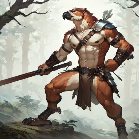score_9, score_8_up, score_7_up, score_6_up, score_5_up, score_4_up, (solo), male anthro eagle, forest background, loincloth, se...