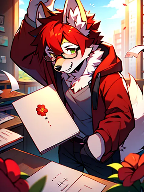 wear glasses,all over the body is red hair, male wolf,short hair, bright eyes,the eyes are gray，the tip of the tail is white，mea...